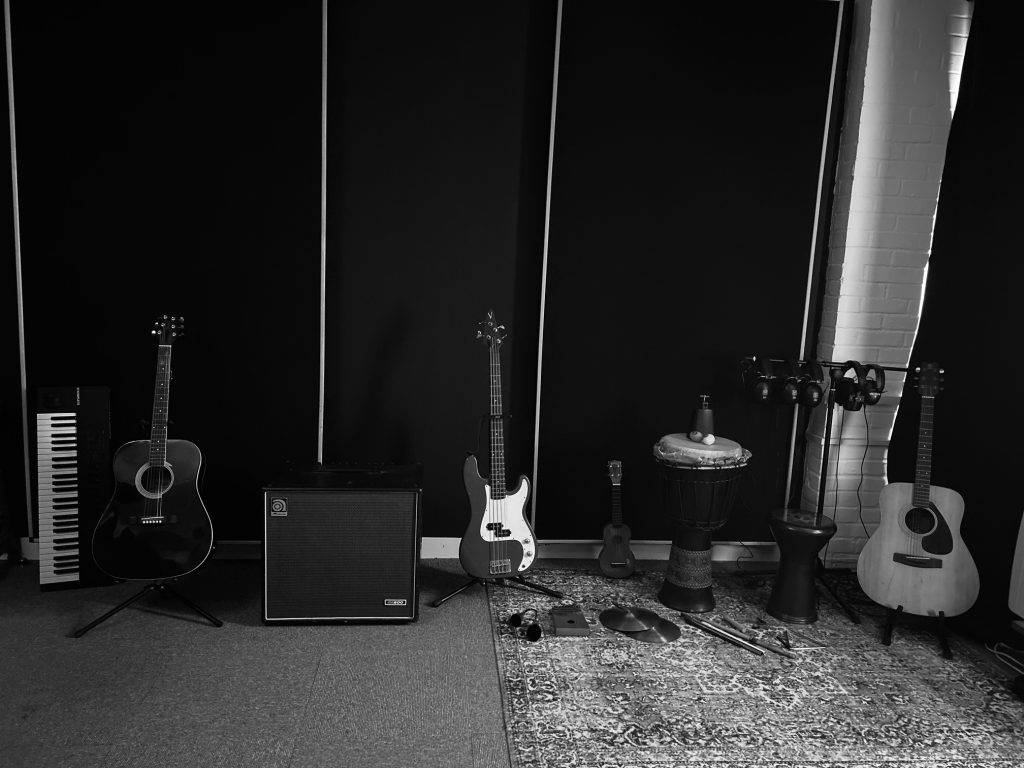 Live recording studio with instruments